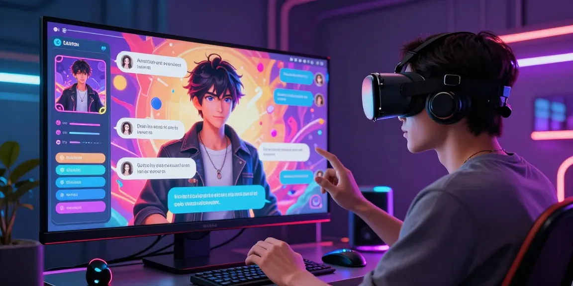 Engaging ai hentai chat with futuristic character and VR user in vibrant digital environment.