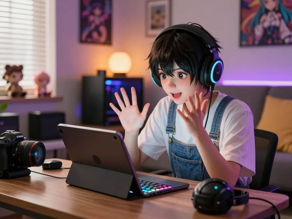 Interactive scene of hentai ai chat on a tablet, showcasing vibrant character expressions and anime-themed decor.