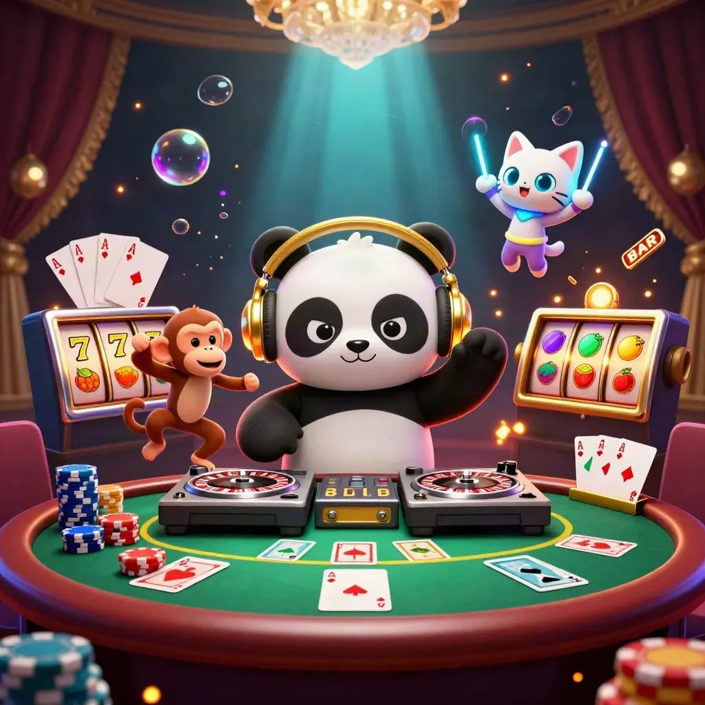 Panda DJ, scimmia e gattino rave tra jackpot, fiches e luci dorate in stile casinò.