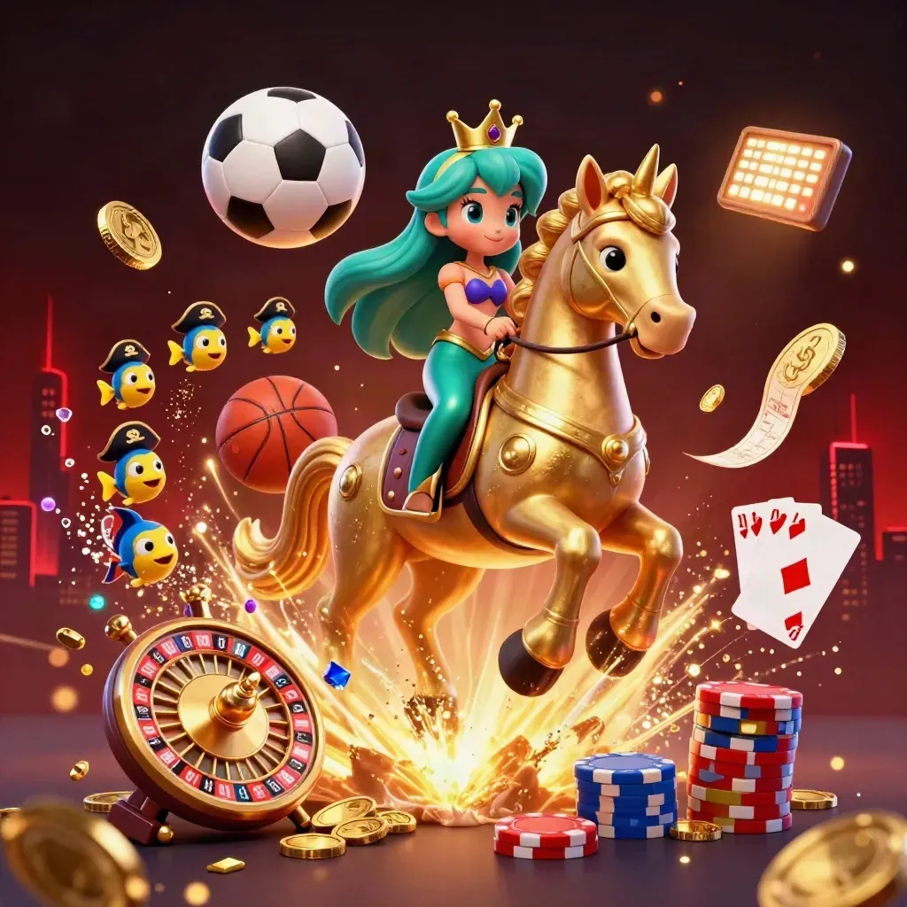 Sirena con cavalluccio marino tra palloni, monete e luci neon da casinò sportivo.