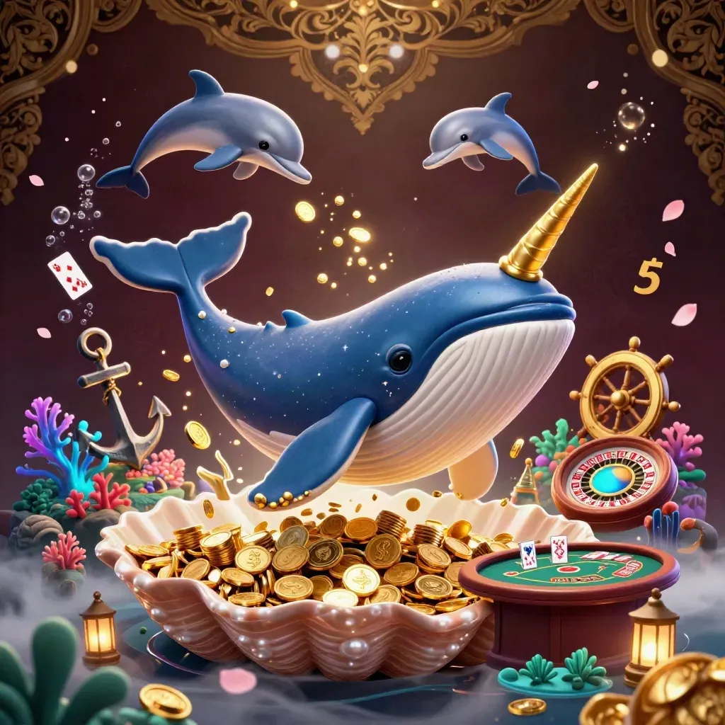 Balena, narvalo e delfini tra monete d’oro, coralli e luce da lusso in stile casinò.