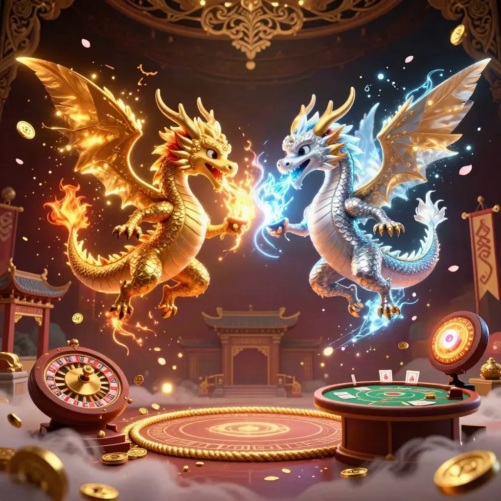 Draghi oro e argento intrecciati tra fiamme, ghiaccio, lampade e dettagli da casino di lusso