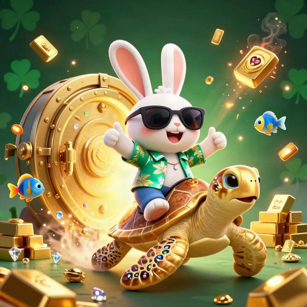 Coniglio lucky su tartaruga d'oro tra tesori, gemme e bagliori verdi.