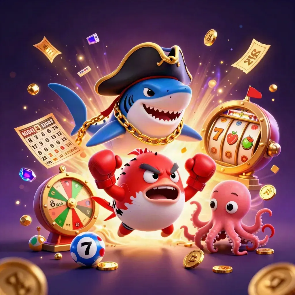Tre personaggi cartoon in una scena casino con tesori, luci dorate e sfondo viola scuro.