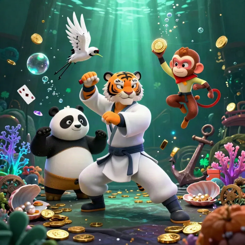 Tigre kung-fu, panda e scimmia tra tesori sommersi, monete, coralli e bagliori ciano.