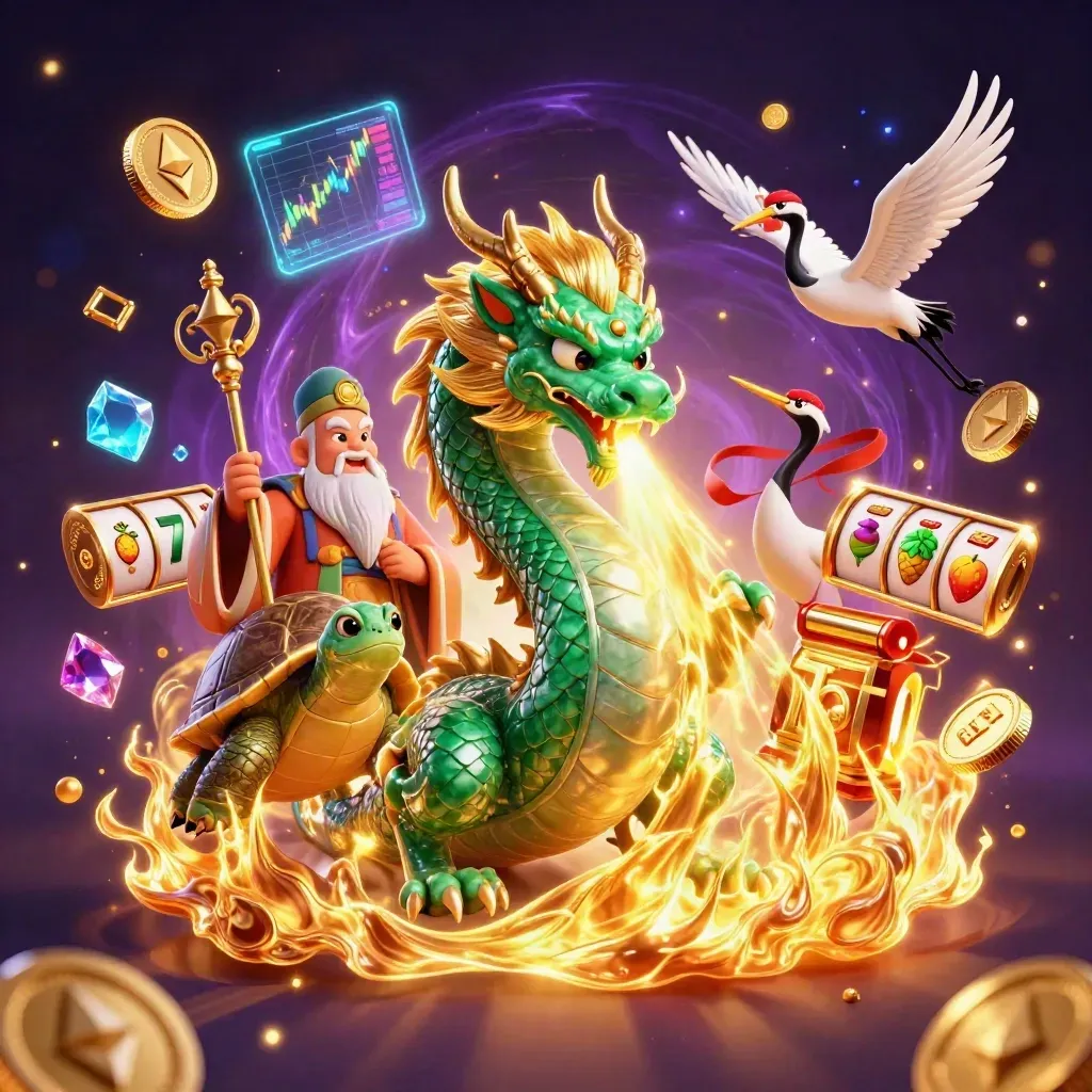 Drago di giada, tartaruga saggia e gru tra monete crypto e bagliori dorati.
