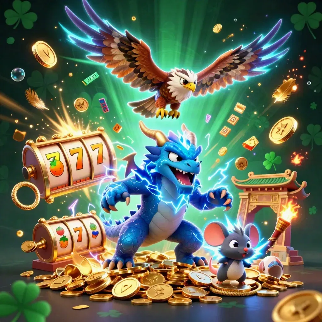 Drago, falco e topolino elettrico tra monete d’oro, tempio e fulmini in stile casino premium