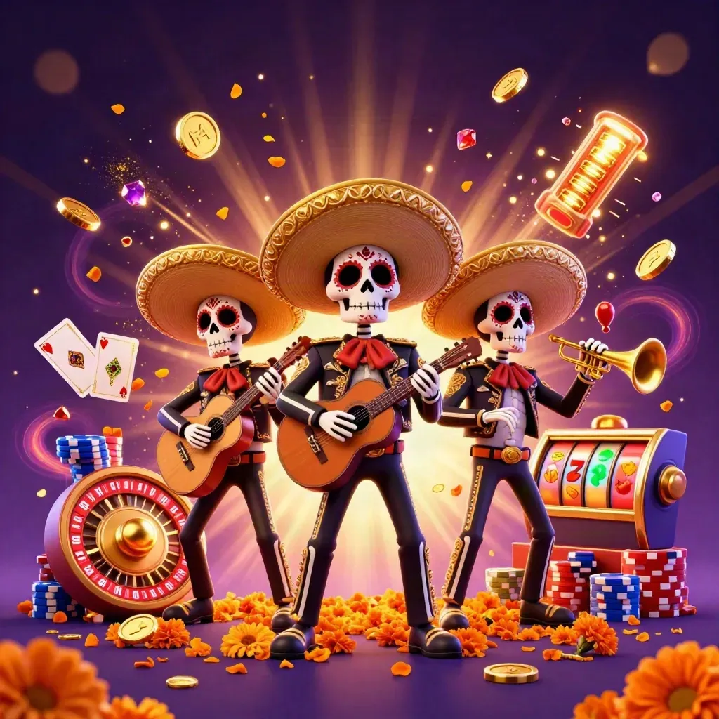 Tre scheletri mariachi tra monete d’oro, ruota roulette, carte e slot in una scena neon lussuosa.