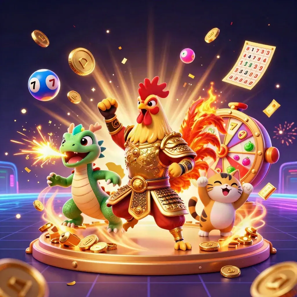 Gallo samurai, draghetto e gatto portafortuna tra monete, fuochi d’artificio e jackpot neon.