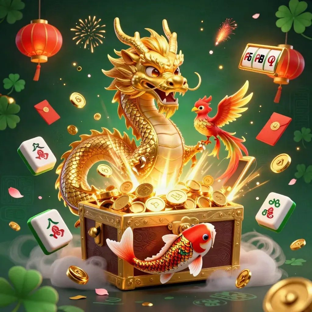Drago d'oro con fenice e carpa tra monete, lanterne e fuochi d'artificio.