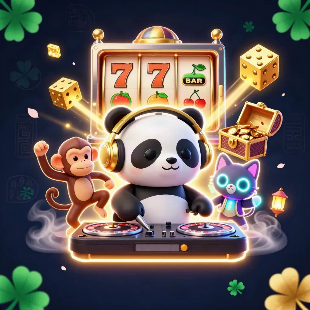Panda DJ, scimmia e gattino rave tra slot, dadi d’oro e luce verde smeraldo.